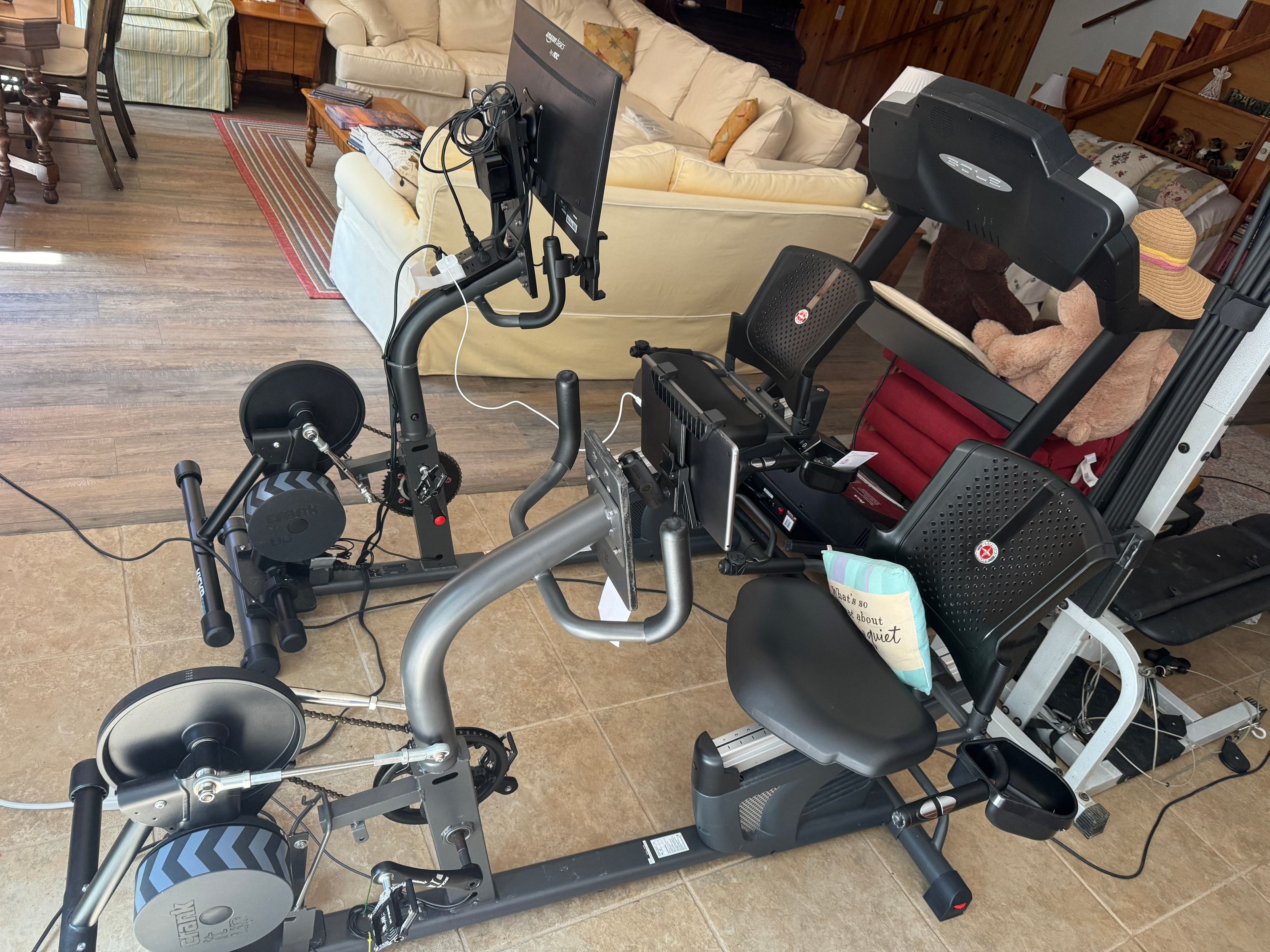 Two Schwinn recumbent trainers in a home workout room, one fitted with a monitor and Apple TV